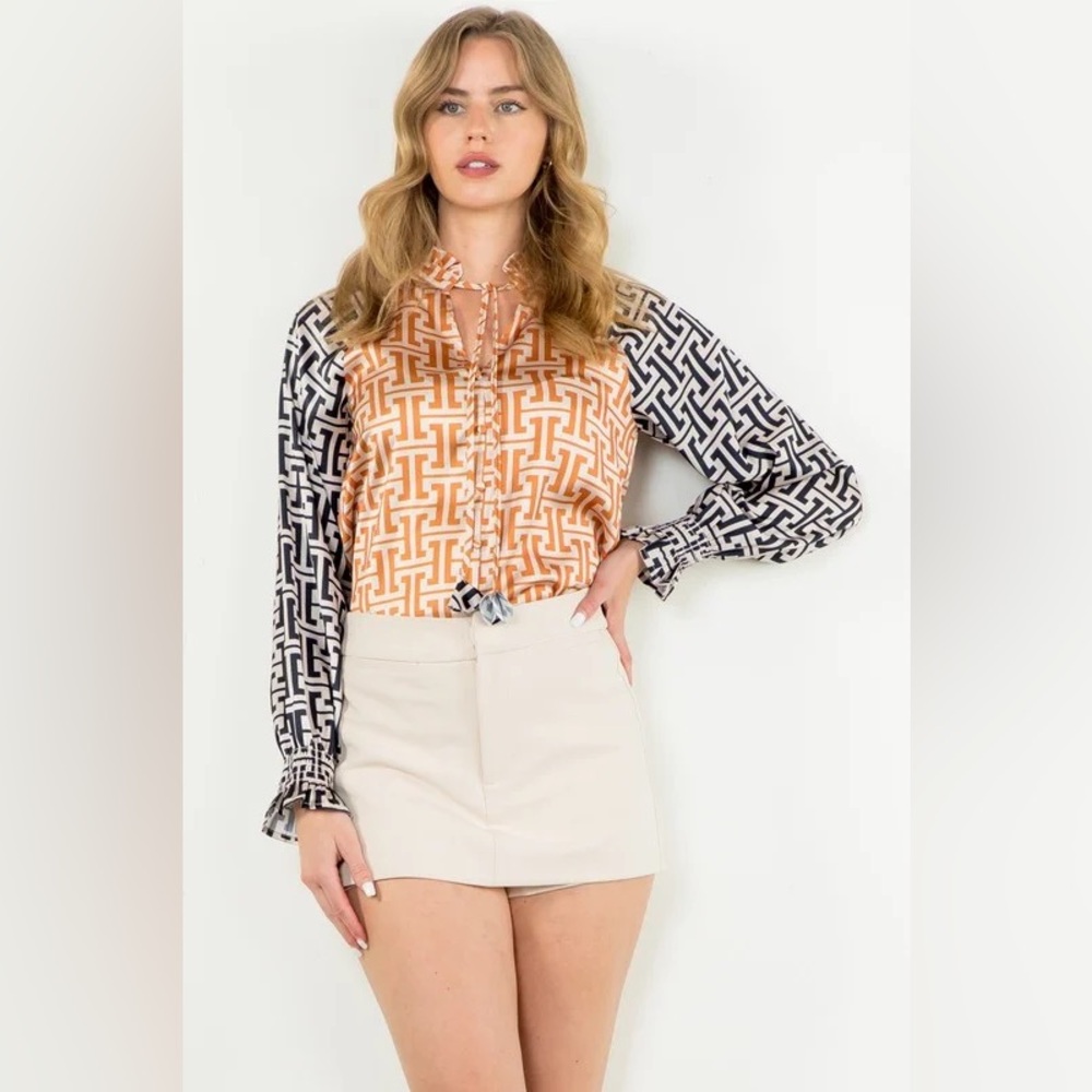 NWT THML Orange and Black Geometric Blouse Size M